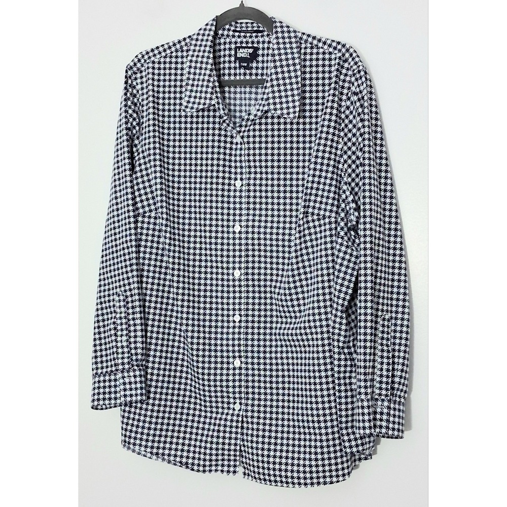 Lands' End Shirt Women's Size 26W Blue Houndstooth Button Down Long Sleeve Pre-o